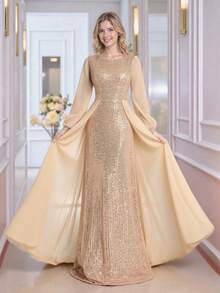 Suknia wieczorowa z cekinami, patchworkowa, zapinana na zamek błyskawiczny, modna elegancka sukienka damska z długim rękawem, odpowiednia na imprezy, koncerty, oficjalne stroje dla gości weselnych