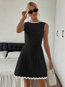 abyoxi 女士优雅蕾丝无袖纯色修身连衣裙，适合日常工作和购物 - 黑色 - 查看 4