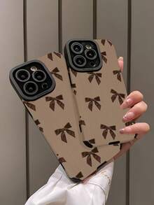 WeiMi 1pc Vintage Brown Bow Illustration Pattern Vertical Striped Faux Leather Soft Protective Phone Case, Compatible With IPhone And S16/S16 Plus/S16 Pro/S16 Pro Max - Multicolor - View 4