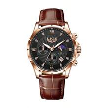 LIGE Casual Men's Three-Eye Quartz Watch Waterproof Luminous Electronic Moon Phase Multifunctional Calendar Watch Gift-Giving Choice