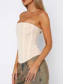 Women's Vintage Strapless Corset Tops Zip Back Boned Mesh Bustier Bodyshaper Tube Top - Màu be - Xem 4