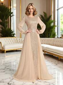 Suknia wieczorowa z cekinami, patchworkowa, zapinana na zamek błyskawiczny, modna elegancka sukienka damska z długim rękawem, odpowiednia na imprezy, koncerty, oficjalne stroje dla gości weselnych