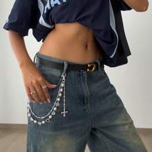 1 Pieceins Hip Hop Jeans Decorative Pants Chain Beaded Cross Imitation Pearl Punk Waist Chain For Women, Suitable For Various Festivals, Parties, And Casual Occasions In Summer, School - MY03 白K 1749 - 查看 13