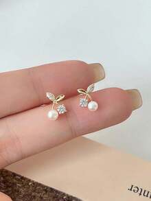 1 Pair Cherry Stud Earrings - Rhinestone & Faux Pearl Floral Design, Dainty Women's Jewelry For Daily Wear & Special Occasions - Vàng - Xem 4
