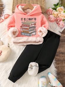 幼儿卡通印花保暖连帽衫和运动裤套装 - 粉色 - 查看 1