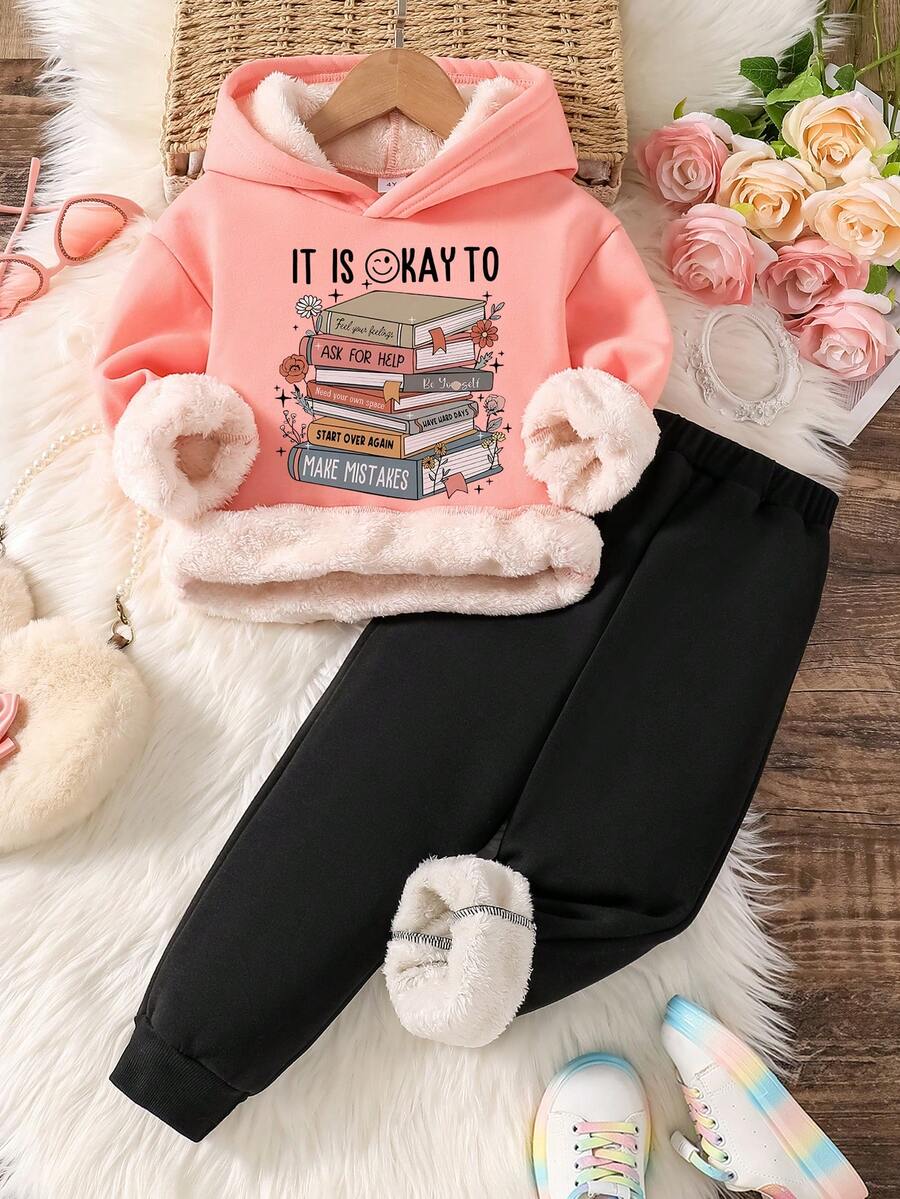 幼儿卡通印花保暖连帽衫和运动裤套装 - 粉色 - 查看 1