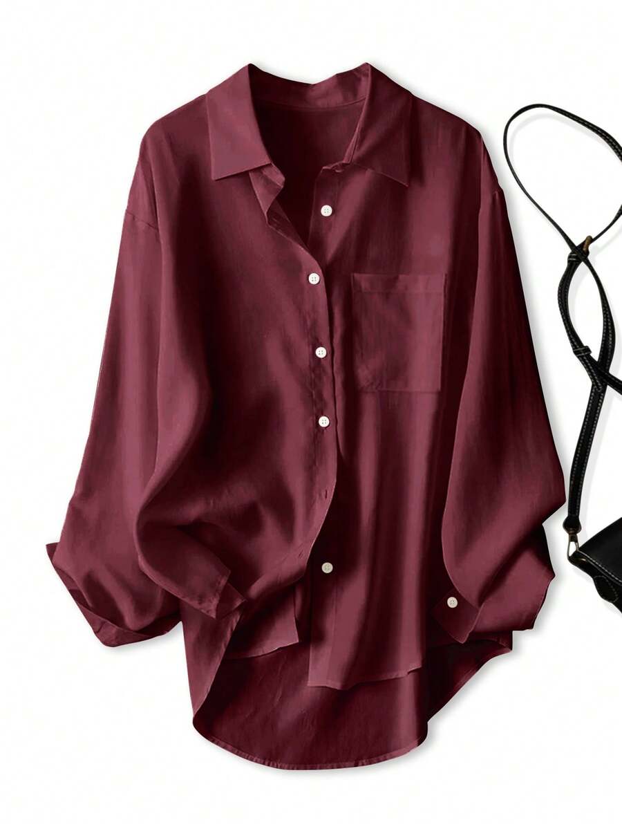 Women's Casual Loose Long Sleeve Shirt, Spring/Autumn - Burgundy - View 1