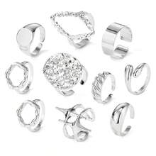 10 Stücke/Set übertriebener geometrischer Legierungsring, asymmetrischer Cut Out geometrischer Dekor, einfache Ringe für Frauen, geeignet für den täglichen oder Urlaubsgebrauch - Silber - Übersicht 3