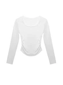 Women Square Neck Pullover T-Shirt, Wrinkle Design Fitted Short Crop Top