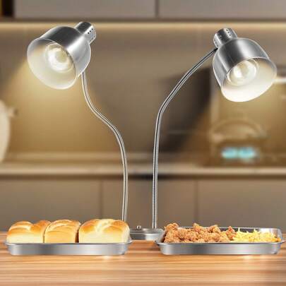 Food Heat Lamp, 500W Electric Commercial Food Warmer Light, 2-Head Stainless Steel French Fry Heating Lamp With 3 Bulbs, Catering Food Warming Equipment For Kitchen, Buffet, Restaurant, Silver