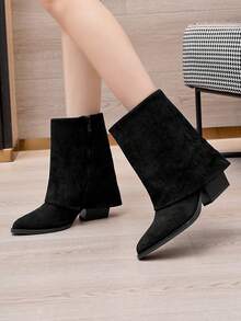 RevReaL Botines minimalistas de ante sintético con punta puntiaguda y tacón cuadrado, estilo western, ideales para las vacaciones universitarias. - Negro - Ver 1
