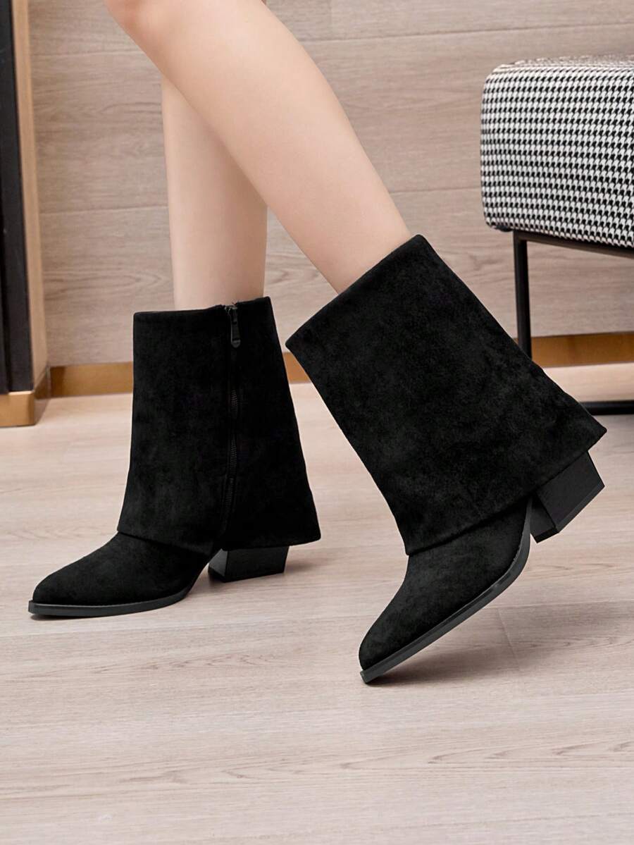 RevReaL Botines minimalistas de ante sintético con punta puntiaguda y tacón cuadrado, estilo western, ideales para las vacaciones universitarias. - Negro - Ver 1