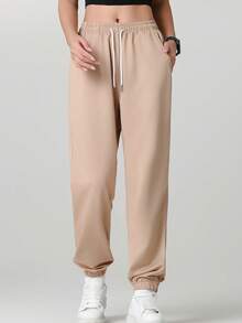 Women's Jogger Pants With Pockets And Drawstring, Suitable For Running, Casual, Fitness, Jogging And Other Sports - Khaki - View 4