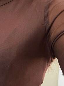 Mock Neck Tulle Blouse Long Sleeve Transparent Mesh Without Bra - 棕色 - 查看 2