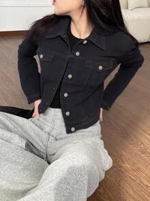 Chamarra mezclilla dama mujer femenina casual oficina trabajo juvenil moderna sexy trendy chic original surprise jeans - Negro - Ver 3