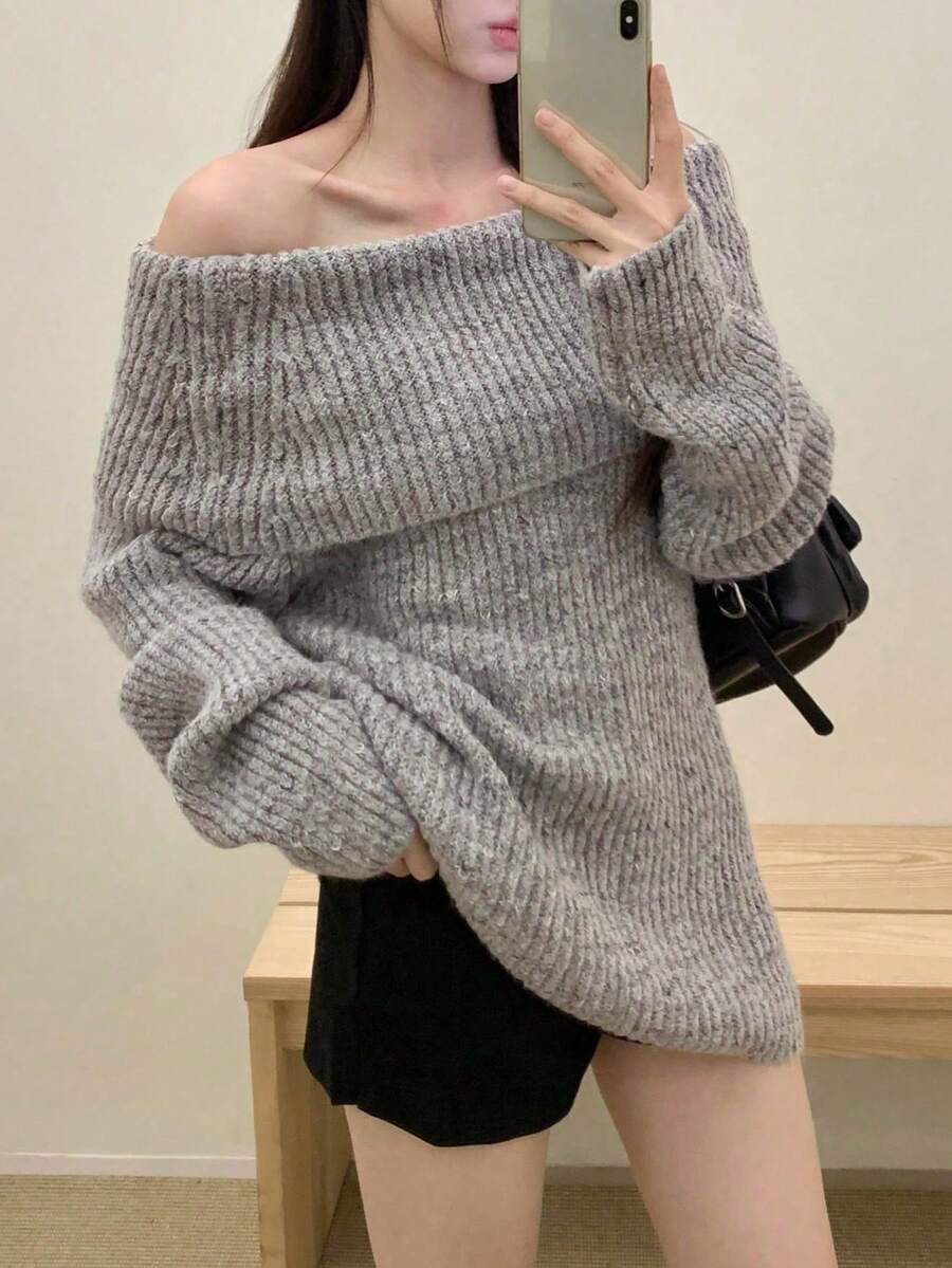 女式简约优雅露肩罗纹针织毛衣 - 灰色 - 查看 1