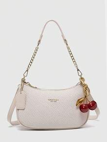 New Fashion Classic Versatile Letter Graphic Decor Solid Color Waterproof PU Fabric Shoulder Bag, Crescent Bag, Underarm Bag, Suitable For Shopping, Can Be Worn Crossbody. Decorated With Cherry Pendant, Crescent Bag For Summer, Suitable For Beach Vacation, Back To School Season, Women Wallet. - White - View 1