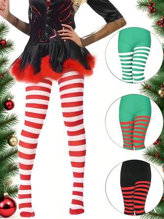 1双彩色条纹圣帕特里克节连裤袜，全身紧身裤，过膝长袜，适合作为服装配饰，也可作为圣诞节、万圣节服装配饰，舒适保暖