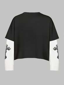 男士二合一长袖T恤，轻薄叠穿设计，短款下摆，春夏轻盈透气，饰有圣母玛利亚十字架图案，时尚休闲日常街头风，送礼佳品 - 黑與白 - 查看 4