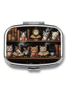 1pc Owl, Puppy, Fox, Cat Pattern Printed Square Pill Box, 2 Compartment Portable Pill Case For Pocket Or Wallet, Decorative Metal Medicine Vitamin Storage Box For Pocket, Wallet, Travel, Unique Gift - Multicolor - View 23