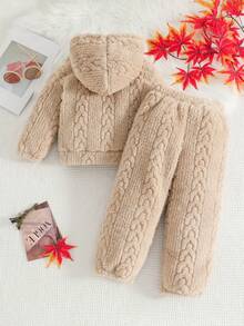 This Adorable Beige Hooded Plush Set Will Have Your Little One Snuggling In Comfort. The Soft, Quality Fabric And Cozy Design Of The Hooded Sweatshirt And Pants Set Feature A Charming Knit-Like Texture, Perfect For Keeping Them Warm And Stylish On Chilly Days. An Essential For Cold Weather, This Set Also Makes A Great Birthday Gift.