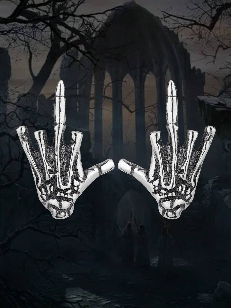 1 Pair S925 Gothic Series Skeleton Finger Shaped Silver Stud Earrings, Suitable For Halloween/Party/Gathering, Halloween Gift For Lover, Family, Friends, Women's Jewelry