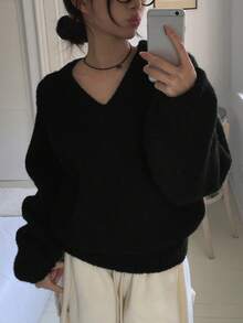 宽松V领纯色休闲套头衫，韩版风格 - 黑色 - 查看 3