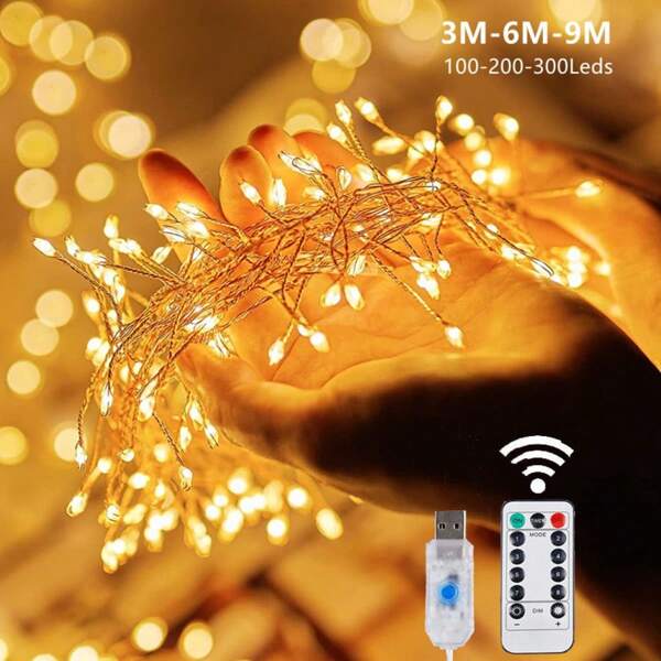 1 Pack 100/200/300Leds String Fairy Lights Outdoor Firecracker Starry Light Strings USB 8 Lighting Modes Copper Wire Lights With Remote Control 3/6/9M Fairy Garden Lights For DIY Wreath Home, Window, Wedding, Birthday, Party, Christmas Decor Lamps For Camping, Garden, Garland, Patio, Fench, Yard, Christmas Tree, Patio Tree Decoration
