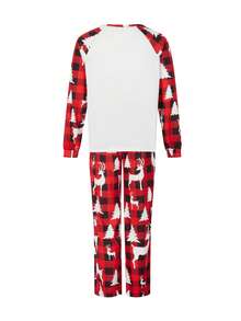 Christmas Family Pajamas Matching Set Elk Print Long Sleeve Tops And Red Plaid Pants Sleepwear - Đỏ - Xem 5