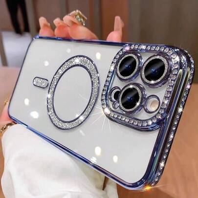 OroBelle Flash Bling  Magnetic Phone Compatible With IPhone 15 14 13 12 11 Pro Max Plus Compatible With MagSafe, Pretty Diamond Fashion Transparent Clear  Lens Frame Protector Cover Anti-Drop Dust Proof Accessories Casing Handheld Protection Protective Shockproof