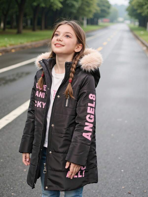 Girls Classic Letter Print Fuzzy Collar Hooded Warm Jacket