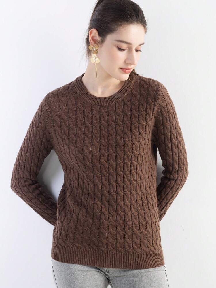 女式美利奴羊毛毛衣 2025 秋冬经典麻花圆领长袖保暖柔软针织套头衫 - 駝色 - 查看 4