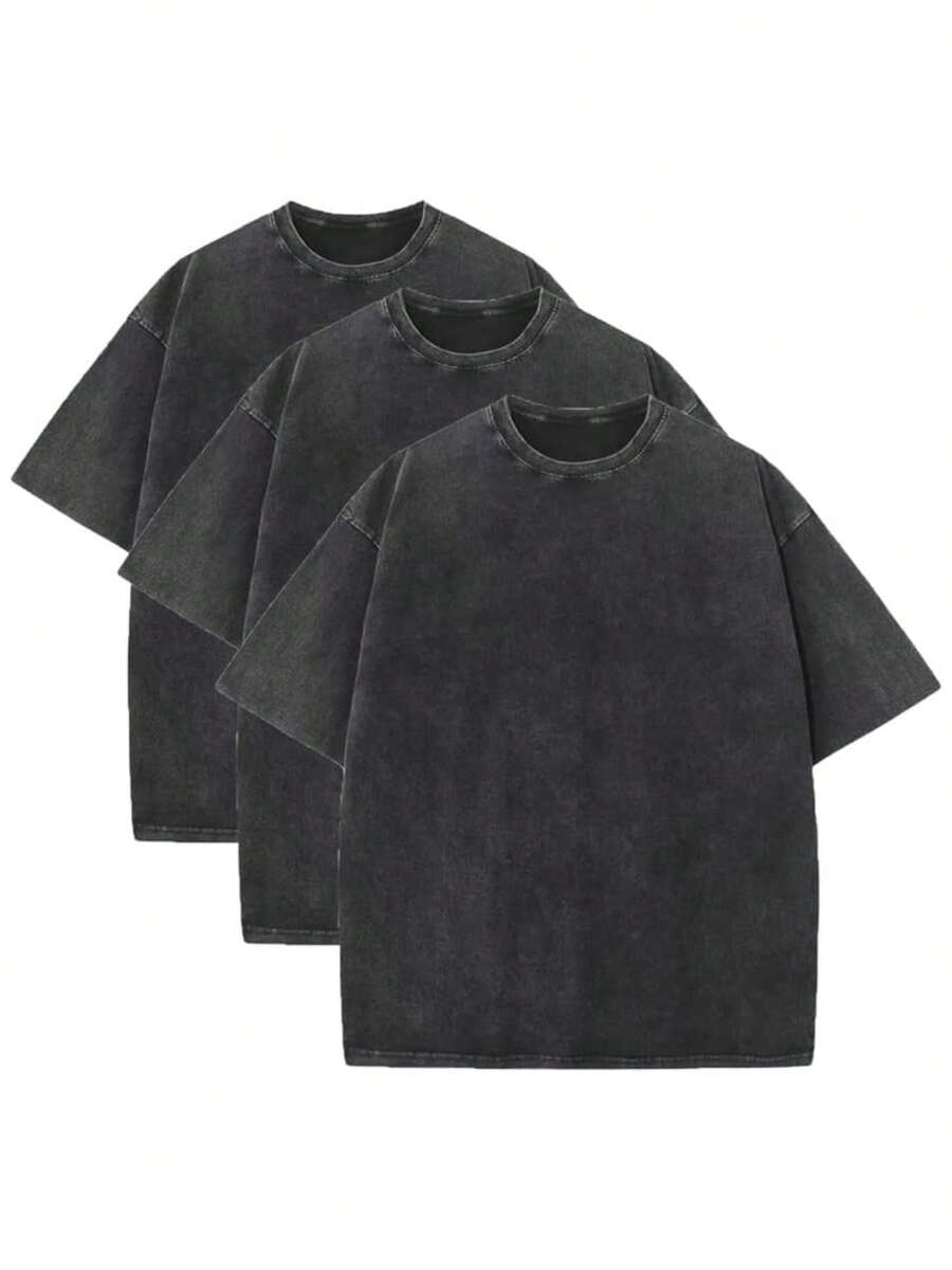 3 Pack Men's Vintage Washed Oversized Cotton T Shirts Loose Fit Short Sleeve Casual Streetwear Unisex Tops - 3 chiếc màu đen - Xem 1