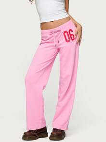 Women Y2K Number Printed Sweatpants Drawstring Elastic High Waist Straight Leg Baggy Pants Loose Workout Joggers Casul Trousers - 粉色 - 查看 1