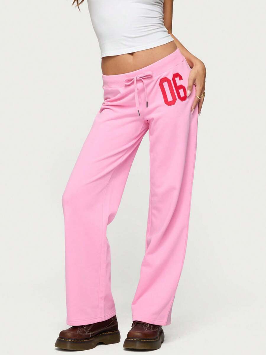 Women Y2K Number Printed Sweatpants Drawstring Elastic High Waist Straight Leg Baggy Pants Loose Workout Joggers Casul Trousers - 粉色 - 查看 1