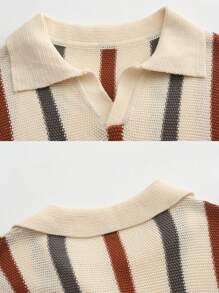 针织套衫，条纹撞色休闲针织 Polo 衫男士短袖针织 Polo 衫条纹设计休闲舒适时尚夏装柔软面料经典领口男士服装日常户外服装百搭时尚男士 Polo 衫