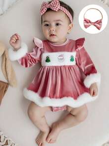 Baby Girls 2Pcs Christmas Outfits Long Sleeve Velvet Romper Dress with Headband Set Newborn Clothes - Rosa - Ver 2