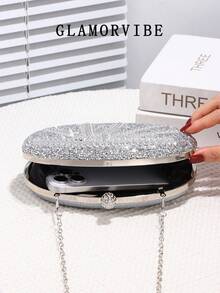 Luxury Women's Sparkling Crystal Decorated Mini Box Clutch Bag, Glamorous Sequin Evening Handbag, Elegant & Fashionable, Suitable For Formal Occasions, Parties, Weddings, Formal Attire, Galas, Graduations, Back-To-School Events, Best Gift For Ladies, Detachable Metal Chain, Can Hold Phone, Coins, Keys, Lipstick, Cosmetics, Wallet