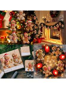 12pcs Christmas Gingerbread Man Ornaments, Wooden Christmas Tree Hanging Decorations, Cute Bow Gingerbread Man & Snowflake Gingerbread Ornaments, Christmas Party Fireplace Window Decor, Classic Belief Decorations Suitable For Christmas And Winter