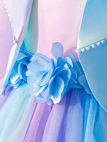 Girls Spring/Autumn Outfit, Collar Fashionable Dress Suit, Colorful Gradient Fluffy Princess Dress With 3D Floral Decor Mid-Length Dress, Children Versatile Top & Vest Dress 2 Pieces Set, Stylish Casual Top, Birthday Party, Holiday, Performance Dress Suit - Blue - View 7