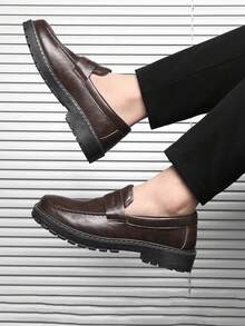 Men's Formal Shoes, New Slip-On Lace-Up Black Leather Shoes, Versatile For All Seasons, Vintage British Style Casual Business Dress Shoes, Comfortable Thick-Sole Leather Shoes For Young Men (Run Small By 1 Size) - Brown - View 5