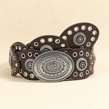 1 Piece Women's Belt Metal Snap Decoration Dress Fashion Retro Wasteland Style Waist Seal Eyelet Oval Piece Carving - 古銀豹紋 - 查看 9