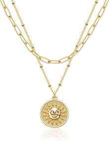 MEVECCO Layered Heart Necklace Pendant Handmade 18k Gold Plated Dainty Gold Choker Arrow Bar Layering Long Necklace For Women - 分層太陽臉 - 查看 1