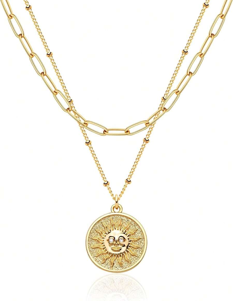 MEVECCO Layered Heart Necklace Pendant Handmade 18k Gold Plated Dainty Gold Choker Arrow Bar Layering Long Necklace For Women - 分層太陽臉 - 查看 1