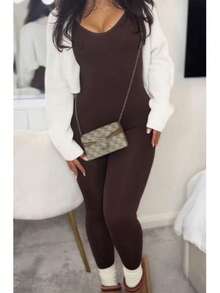 VIVINA Women's Autumn/Winter Casual Versatile Minimalist Solid Color Elegant Deep V-Neck Slim Fit Elastic Fleece-Like Outdoor Long Sleeve Jumpsuit, Chocolate Brown Slim Fit Fleece-Like Long Sleeve Jumpsuit - Brown - View 5