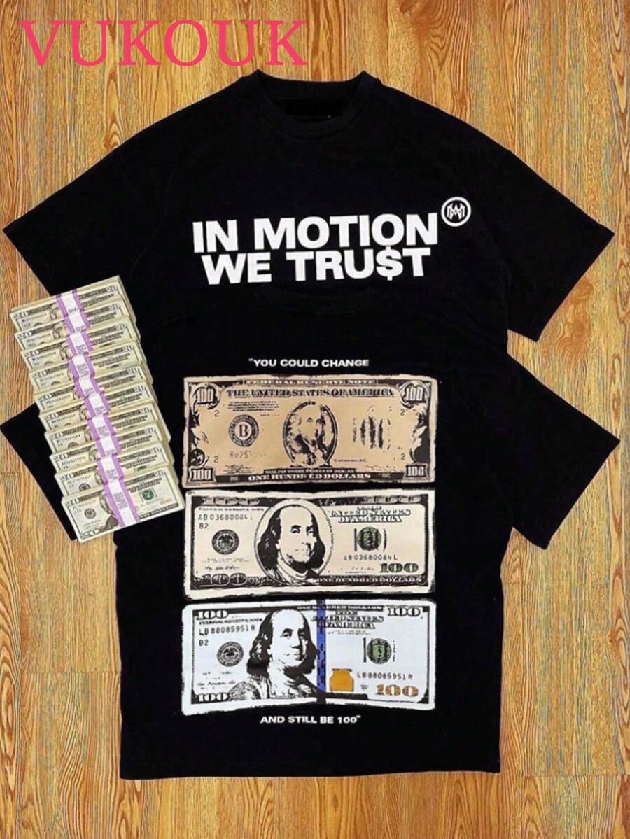 Men's Printed Short Sleeved T-Shirt, Men's Round Neck Top, 180g 100% Pure Cotton Fabric - Comfortable And Casual Summer Street Style Short Sleeved T-Shirt, Cool Design Retro Summer Men's Daily Wear T-Shirt Print IN MOTION WE TRUST - 黑色 - 查看 1