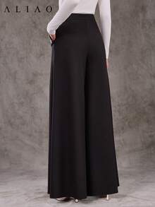 Aliao Excellent Slant Pockets Oversized Wide-Leg Trousers, All Black, Back To School, Basic, Autumn & Winter, Elegant, Modest, Business Casual Woman, Homecoming, Bohemian