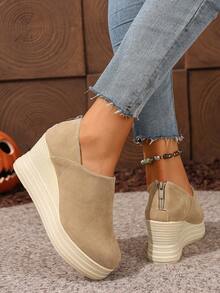 Sapatos retrô de plataforma com sola grossa em corda de linho, casuais, elegantes, com zíper traseiro, estilo slip-on, versáteis e modernos. - Caqui - Ver 2