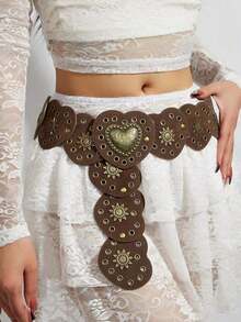 Plus Size XL/XXL Y2K Girl Waist Belt, BOHO Teenager Heart Patchwork Rivet Decor Western Style Retro Waist Belt Accessory, Brown Waist Belt, Pair With Skirts, Music Festivals, Parties, Valentine's Day - Brown - View 3