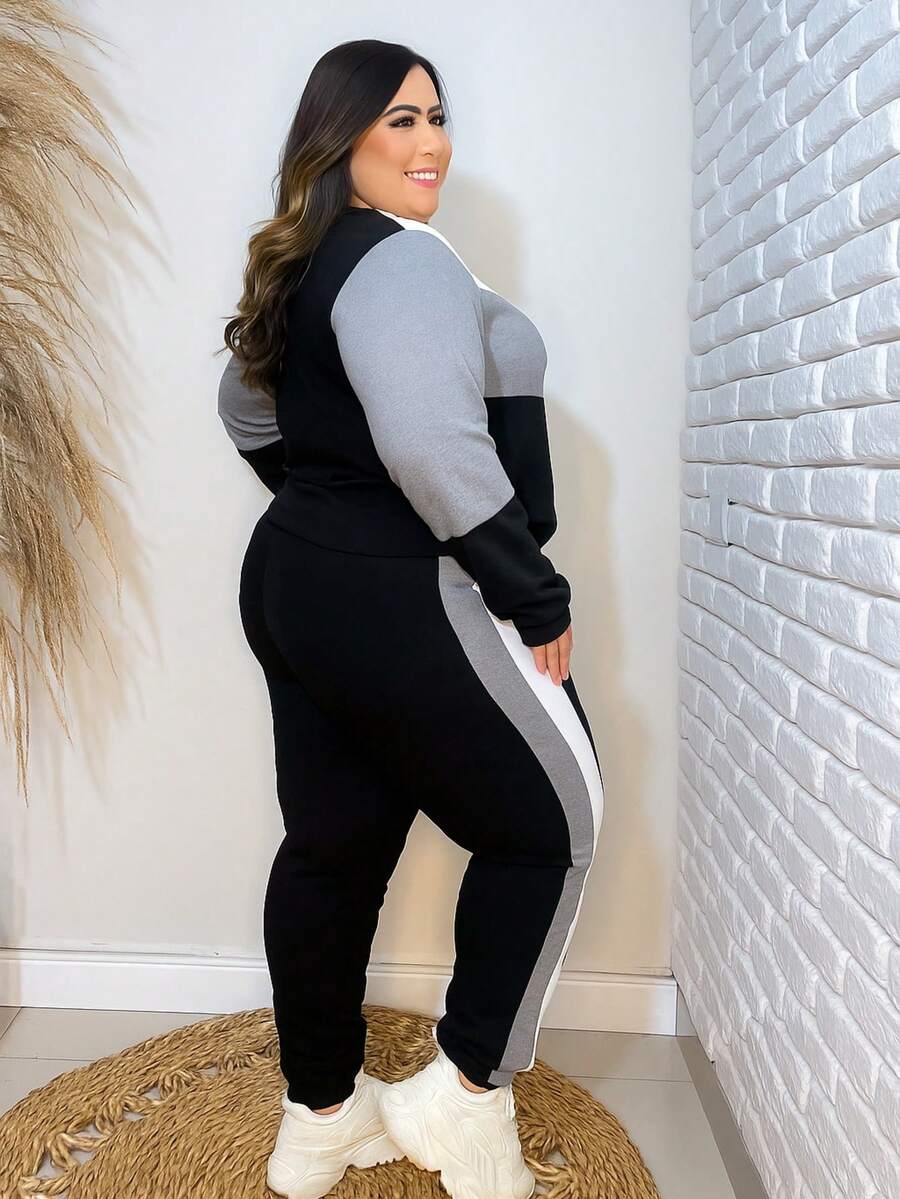 Women's Cold Weather Set In Crepe Knit, High Waist Jogger Pants With Pocket And Elastic Waistband And Long Sleeve Top With Zipper, Striped, Warm, Comfortable, Color Block, Contrasted Waist, Zipper, Side Stripe, Cold Weather Clothing, Autumn Winter Fashion Collection - 灰色 - 查看 1